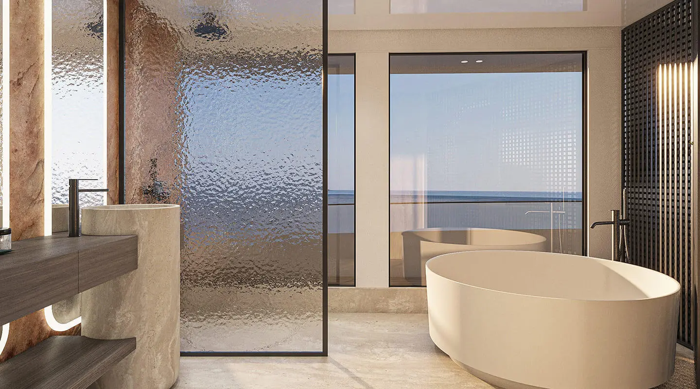 View from a yacht interior toward the deck with glass doors and ocean horizon