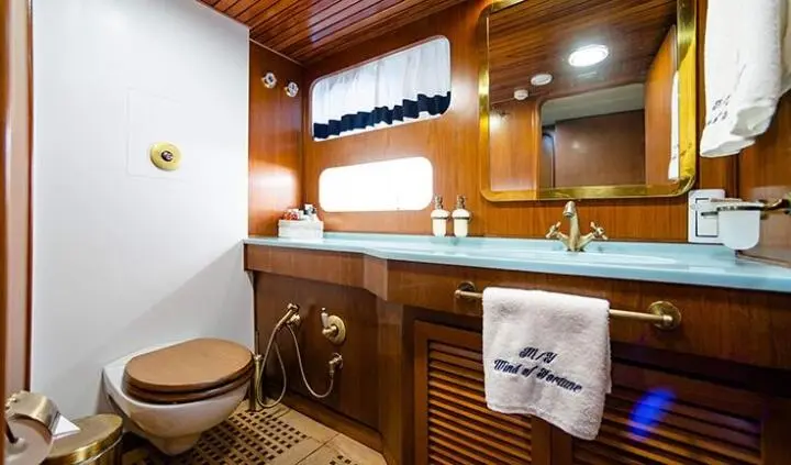 Master cabin ensuite with wooden cabinetry, sink, mirror, and towel rack on yacht Wind Of Fortune