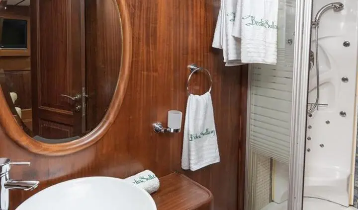 Bathroom on yacht cabin with wooden panel, towel, and sink area visible
