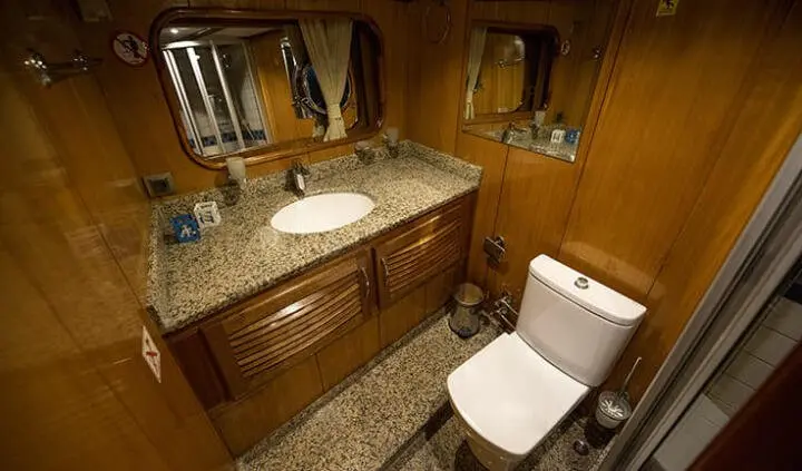 Master cabin with king bed, wood paneling, ensuite bathroom, bedside lamps