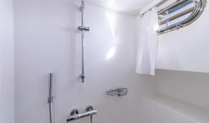 Queen Of Sea master cabin with king bed, en-suite, white walls, and shower image