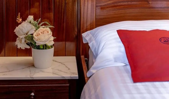 Master cabin with king bed, white sheets, red throw pillow, wooden headboard, nightstand with plant
