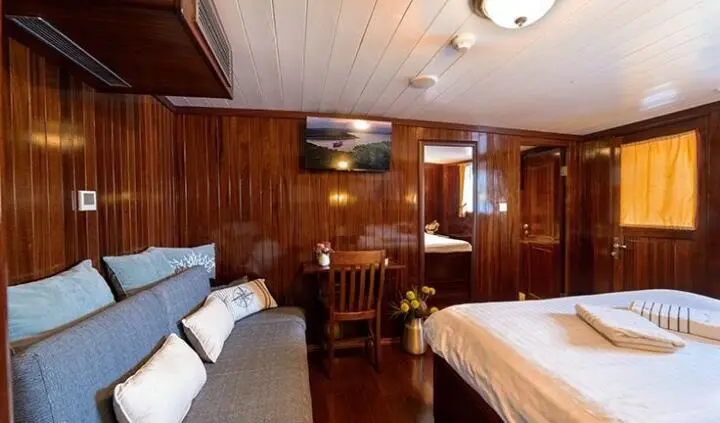 Master cabin with king bed, ensuite, wood paneling, warm lighting