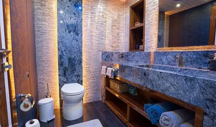 Master cabin with king bed and ensuite, wood accents, blue tiled walls
