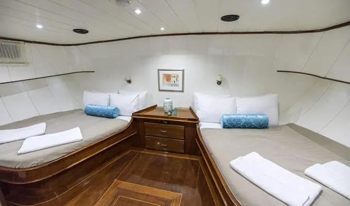 Twin cabin interior with two single beds and blue cushions along walls