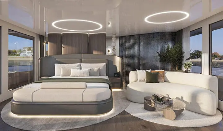 Master cabin on Bello yacht with king bed, ensuite, neutral tones, soft lighting