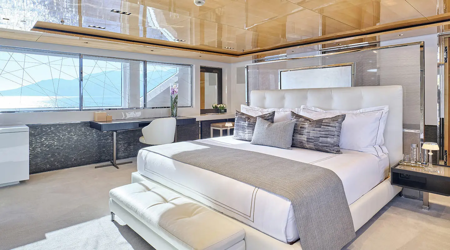 La Pellegrina 1 yacht interior with cream sofas and sunlit windows