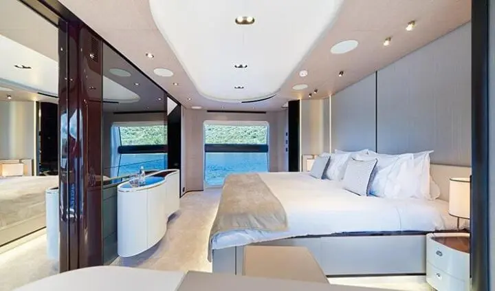 Master cabin on Aluminia Too with king bed, ensuite, soft lighting