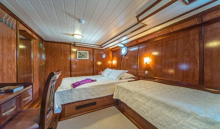 Luna cabin interior with two beds, wooden paneling, and warm lighting