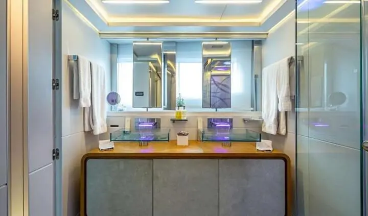 Sea Wolf cabin ensuite bath area with mirrored vanity and seating