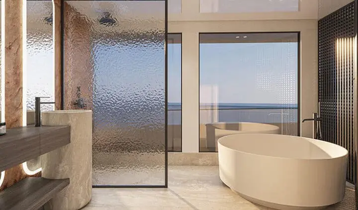 Bello yacht cabin interior with freestanding bathtub and sea-view windows