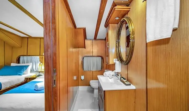 Master cabin with king bed, wood cabinetry, ensuite sink area and mirror