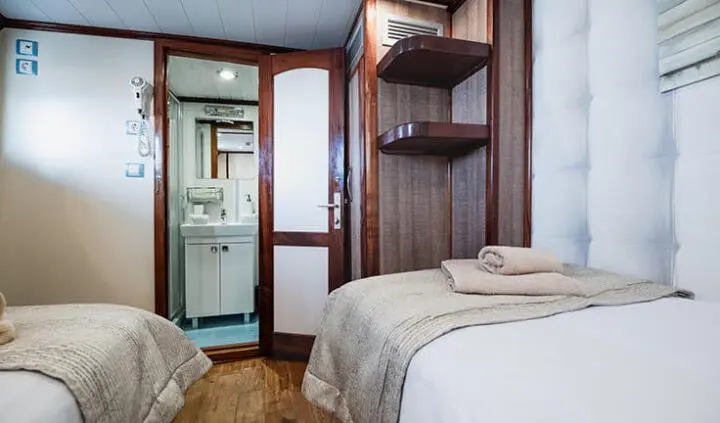 Twin cabin with two single beds, ensuite bathroom, wooden shelves