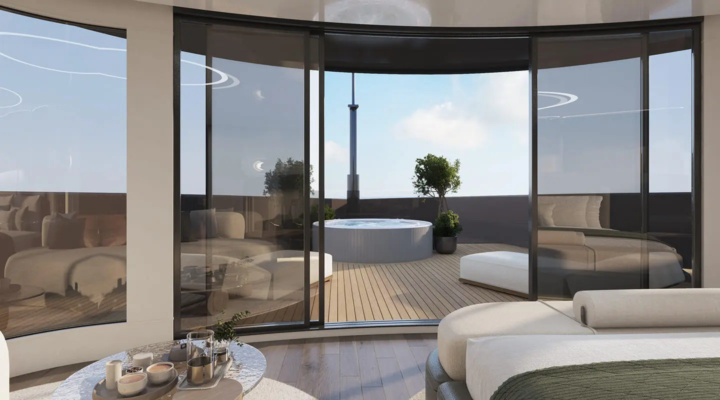 View from interior salon to deck of Bello yacht, glass doors open