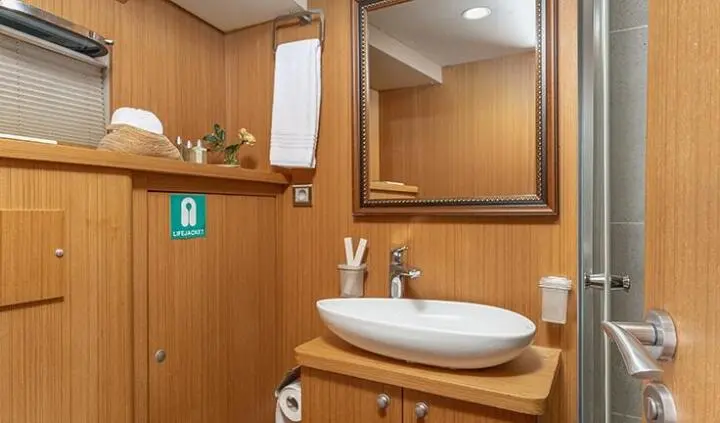 Artemis yacht cabin interior with wood paneling, oval sink, and mirrored vanity