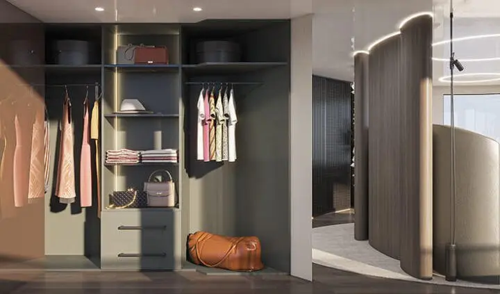 Master cabin with king bed, ensuite, and dark wood cabinetry on Bello