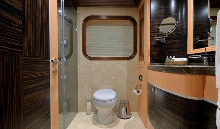 Meira cabin ensuite bathroom with wooden paneling and compact toilet