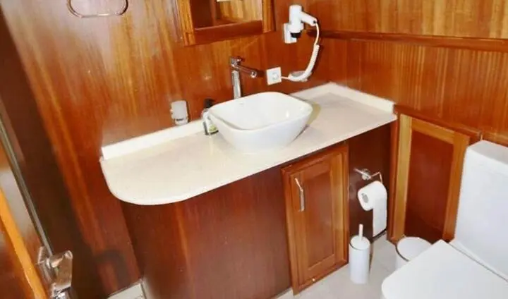 Small yacht cabin with wooden cabinetry, white sink, and vanity mirror