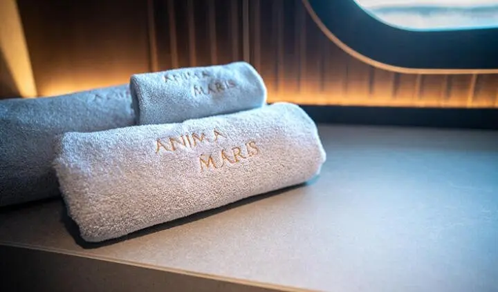 Anima Maris cabin interior with embroidered towels on a sleek surface
