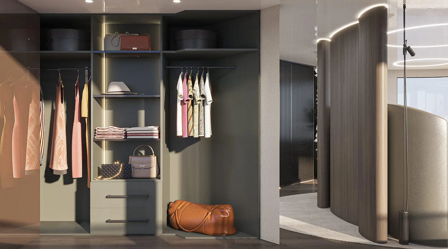 Bello luxury 54m yacht docked with open wardrobe and deck seating area visible