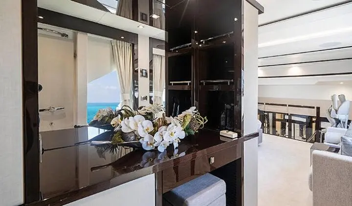 Quantum yacht master cabin with king bed and ensuite visible on deck