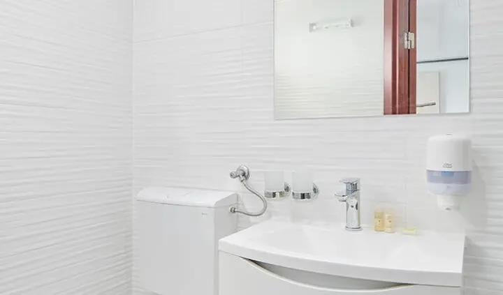 Bathroom sink area on Lupus Mare with faucet, mirror, and tiled wall