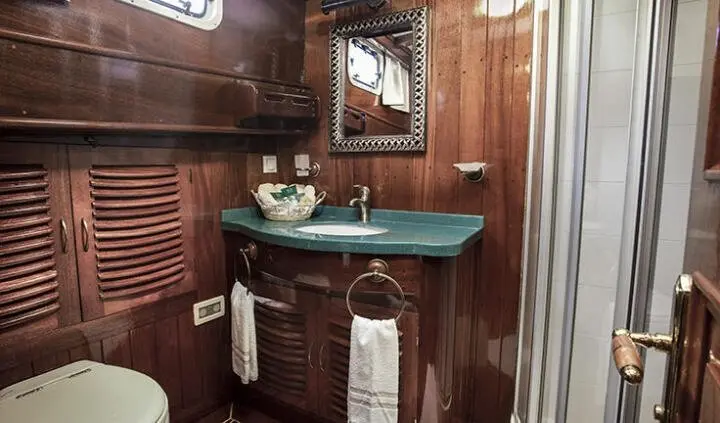 Master cabin with king bed and wooden cabinetry, ensuite bathroom visible