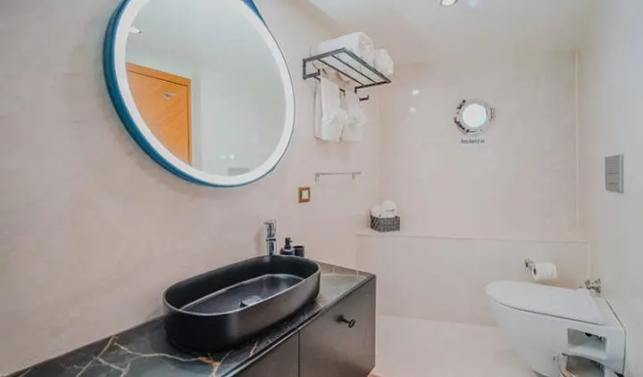 Master cabin on King Of The Sea with round mirror, sink, dark countertop