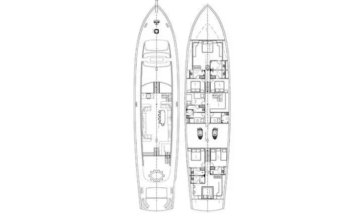 Queen Of Makri cabin master bed aboard yacht, interior view