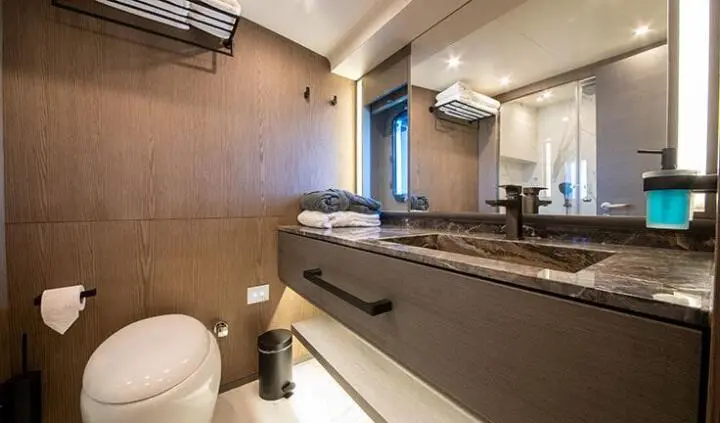 Master cabin with king bed, ensuite, neutral decor and large mirror