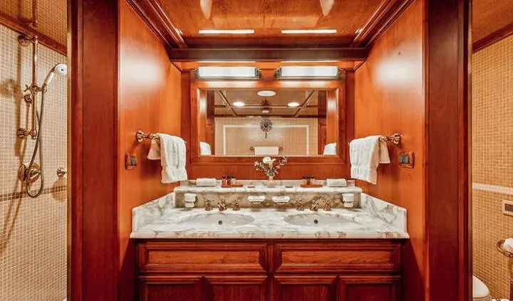 Seagull II master cabin with king bed, wood-paneled walls, ensuite visible