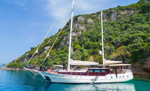 White sailing yacht anchored in clear blue water with green rocky cliffs in the background