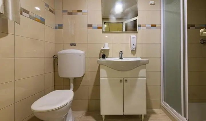 Yacht Melody cabin bathroom with toilet, sink, mirror, and tiled walls