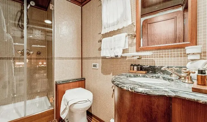 Seagull II yacht cabin interior with wooden cabinets, sink, and toilet visible