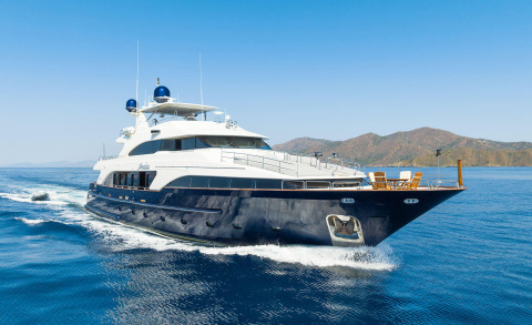 Luxury yacht amadea with white and dark hull sailing on blue sea