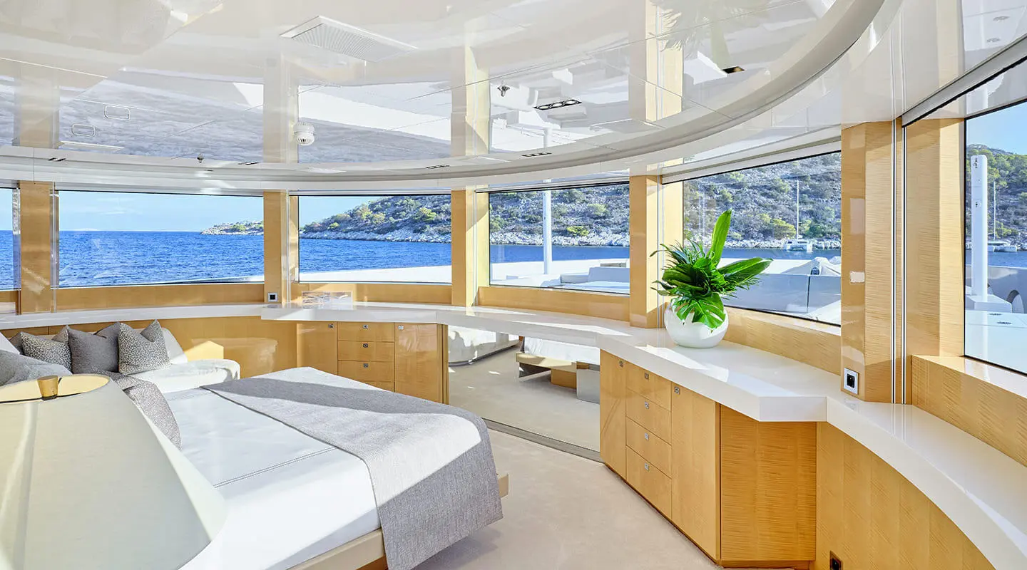 La Pellegrina 1 luxury yacht master cabin with quay windows and seating