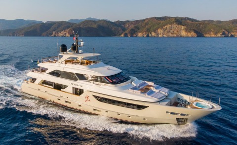 Takara One yacht cruising on the sea with forward deck and upper structures visible