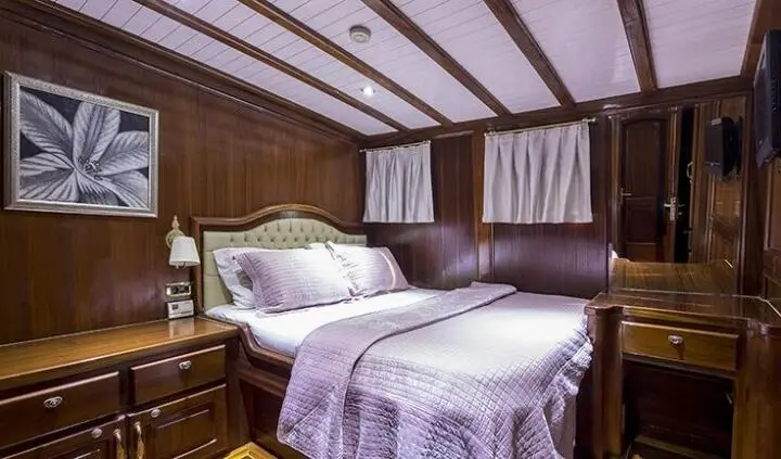 Grace 1 master cabin with king bed, wood paneling, en suite hints