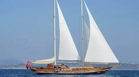 Samarkand yacht with white sails billowing under blue sky at sea