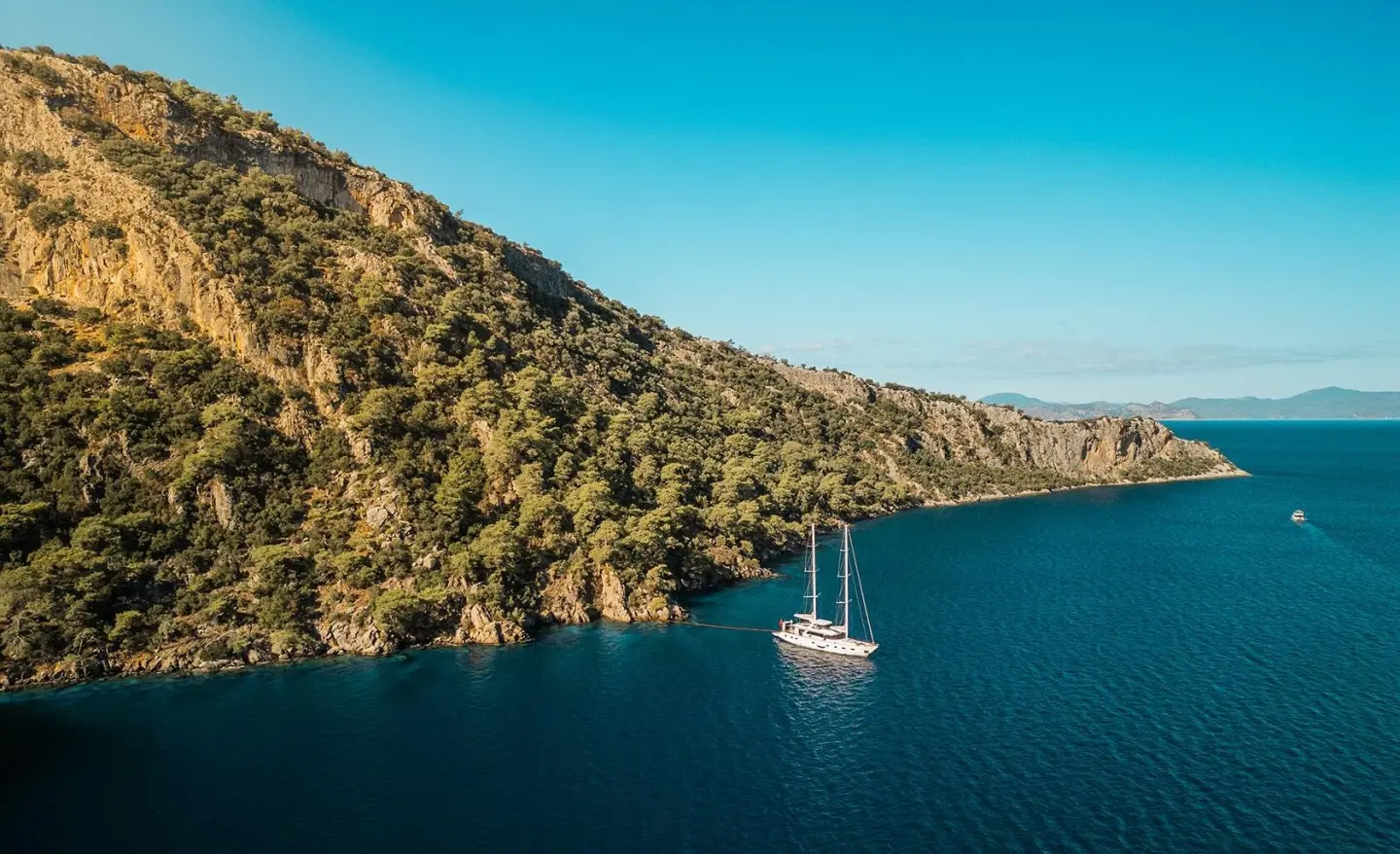 Yacht Angelo III anchored along a rocky coast at sunset with calm blue water