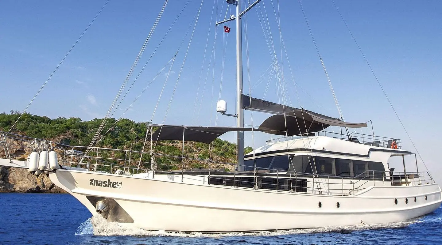 Maske 5 yacht with white hull and aft deck sailing on blue sea