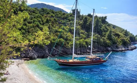 Carpe Diem 7 luxury sailing yacht anchored near a green forested coastline at sunset