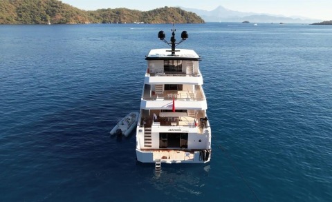 White multi-deck luxury yacht seen from above on blue open sea