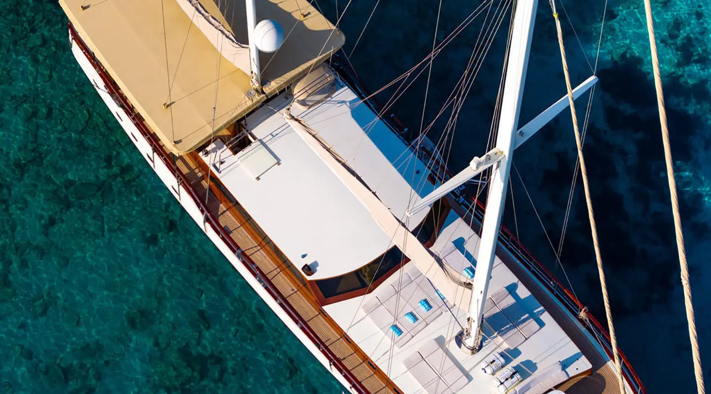 Overhead view of a gulet yacht Mein Schatz docked in turquoise water