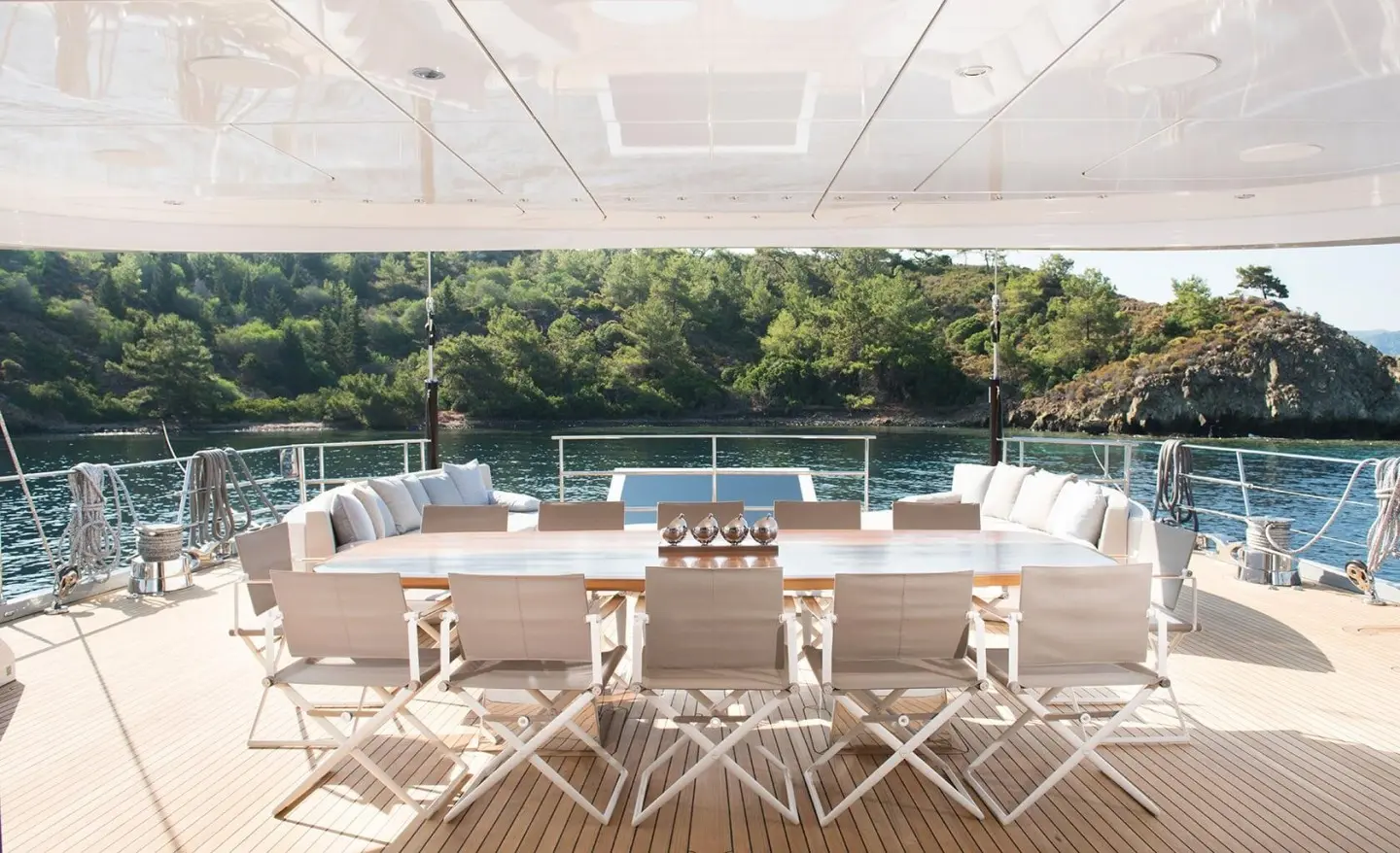 All About U 2 yacht deck with dining area and sunset over calm water
