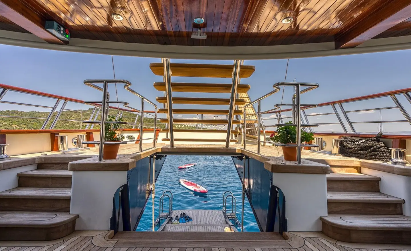 Casablanca motor yacht aft deck view with pool, sun loungers, and railings