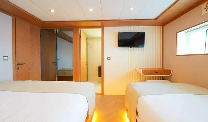 Twin cabin with two single beds, ensuite area, warm wood tones