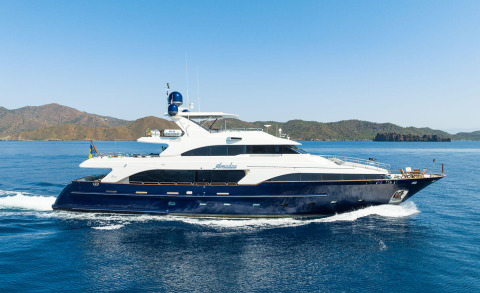 Amadea yacht sailing on open water, white and navy hull, visible decks and flybridge, sunbathing area at stern with distant coastline