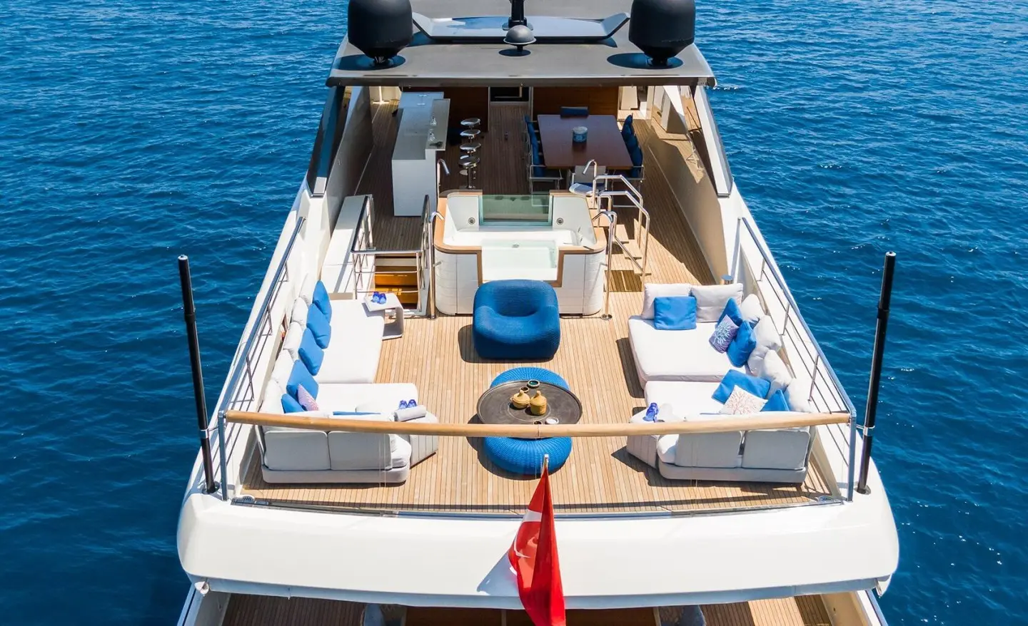 Top view of Morning Star yacht flybridge with seating and steering area