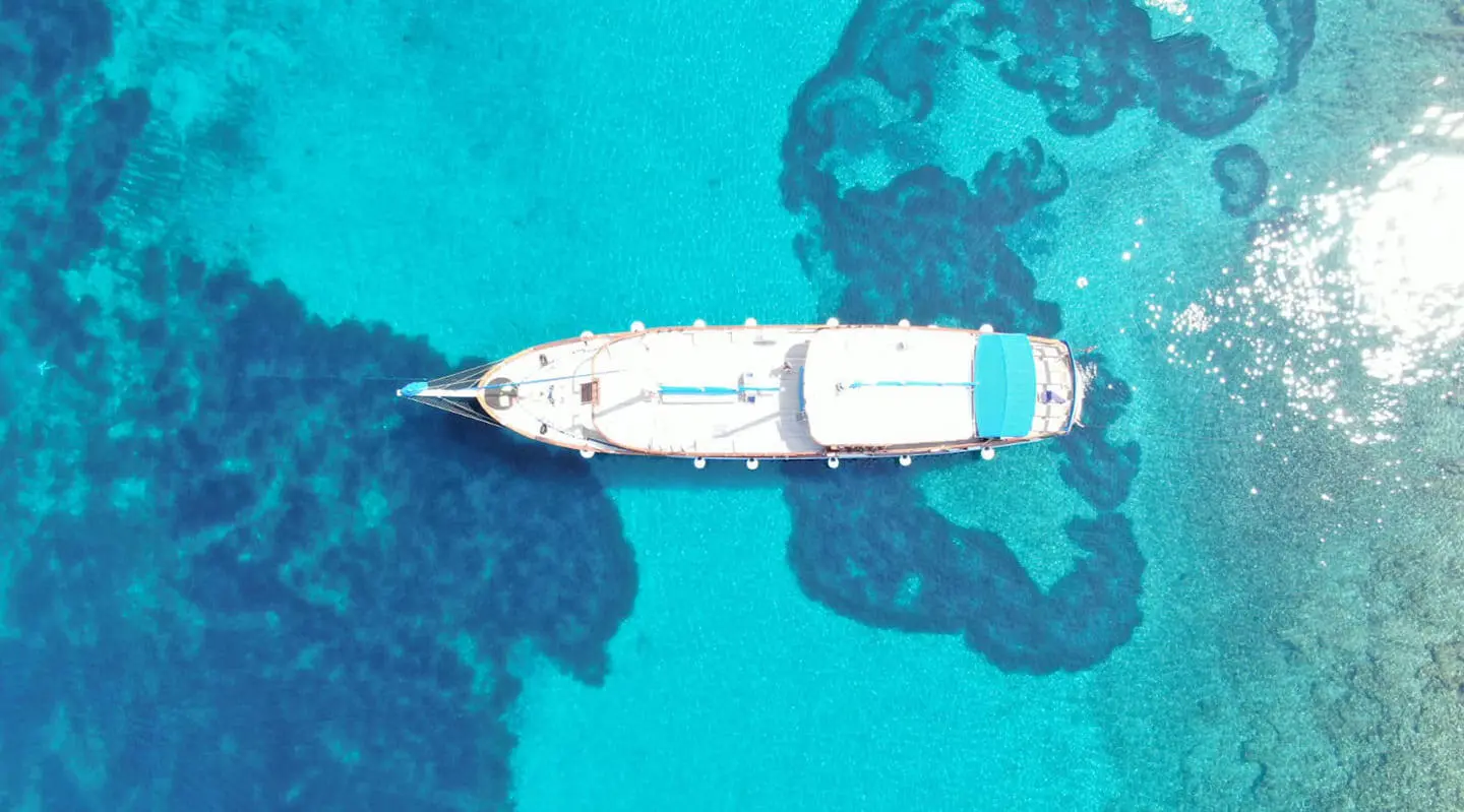 Mendula yacht seen from above on clear blue water
